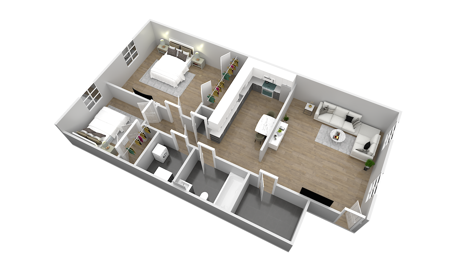 Floor plan for 2 beds, 1 bath, 830 sqft